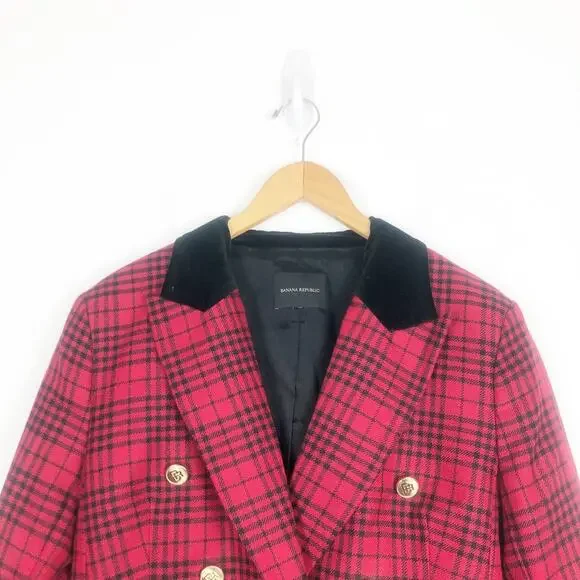 Banana Republic Red Plaid Captains Blazer Size 12/ Large Wool Sculptured Preppy